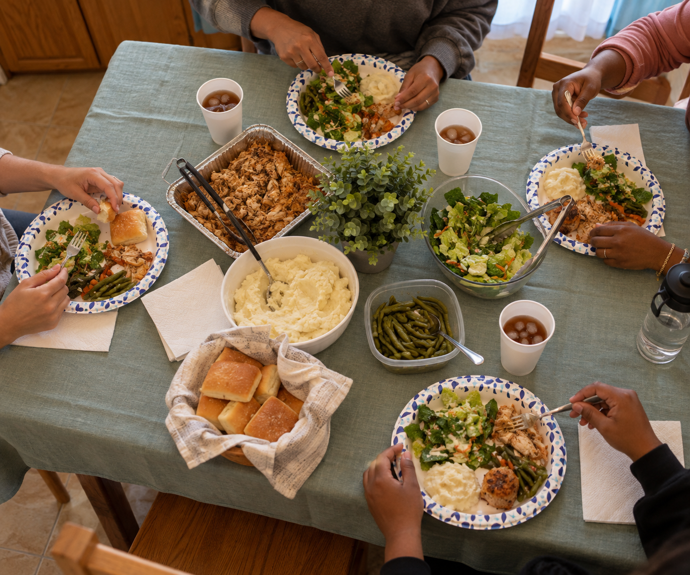 Friends sharing a home-cooked meal together around a family dinner table
