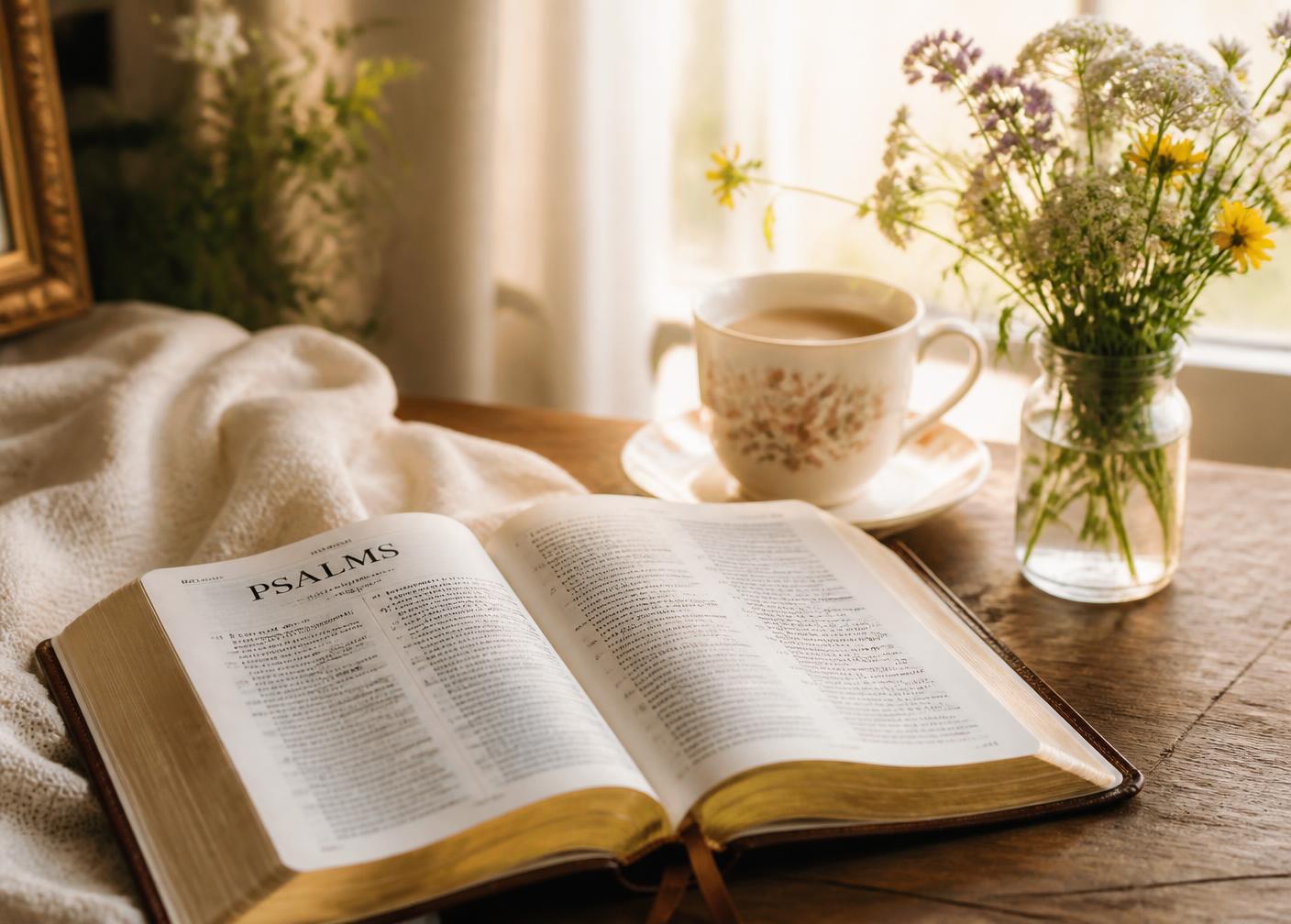 An open Bible beside wildflowers and a cup of tea in morning light