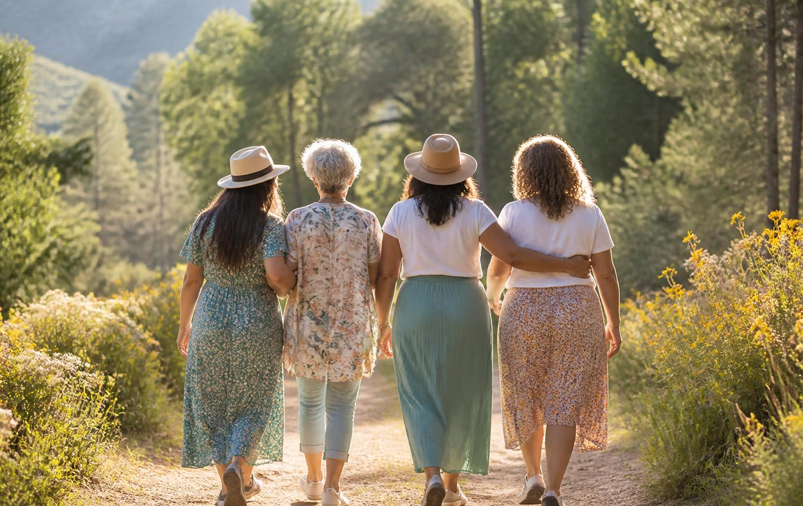 Women walking together along a sunlit path lined with wildflowers